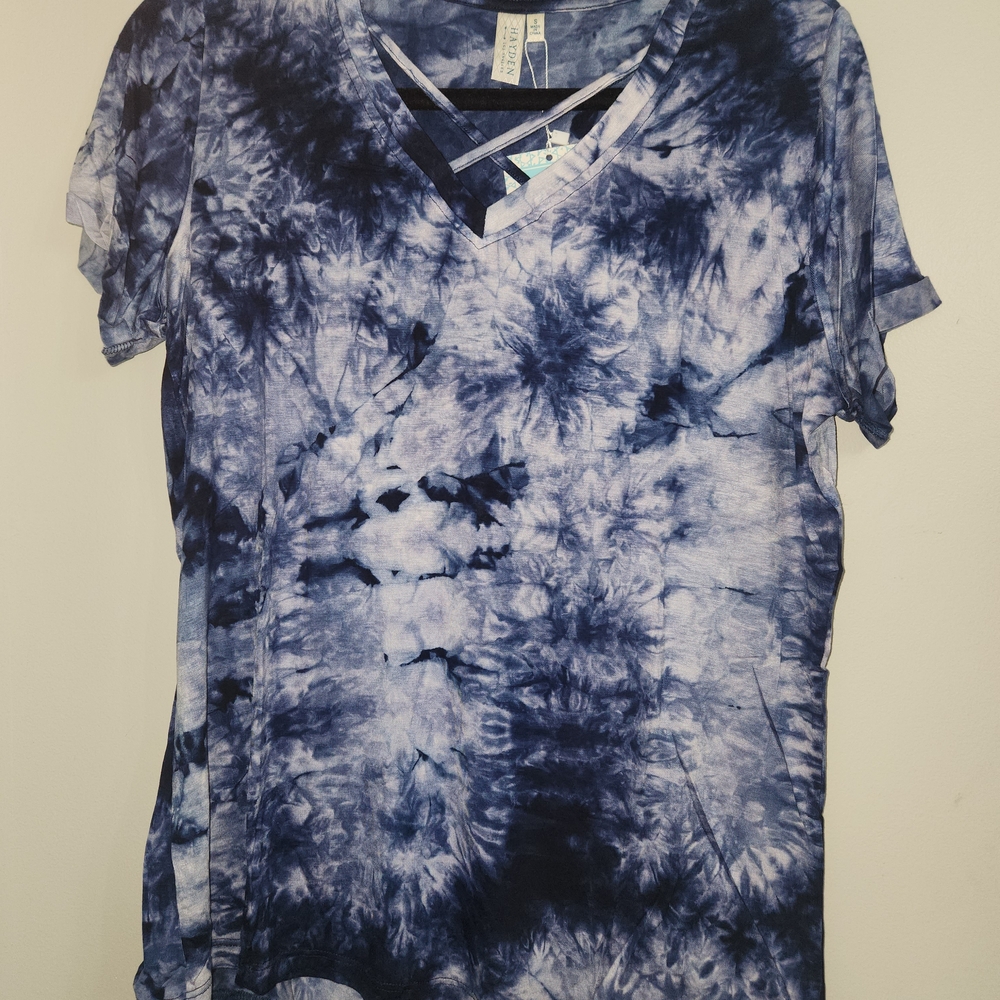 Hayden Small Blue Tie-Dye Crisscross V-Neck Tee